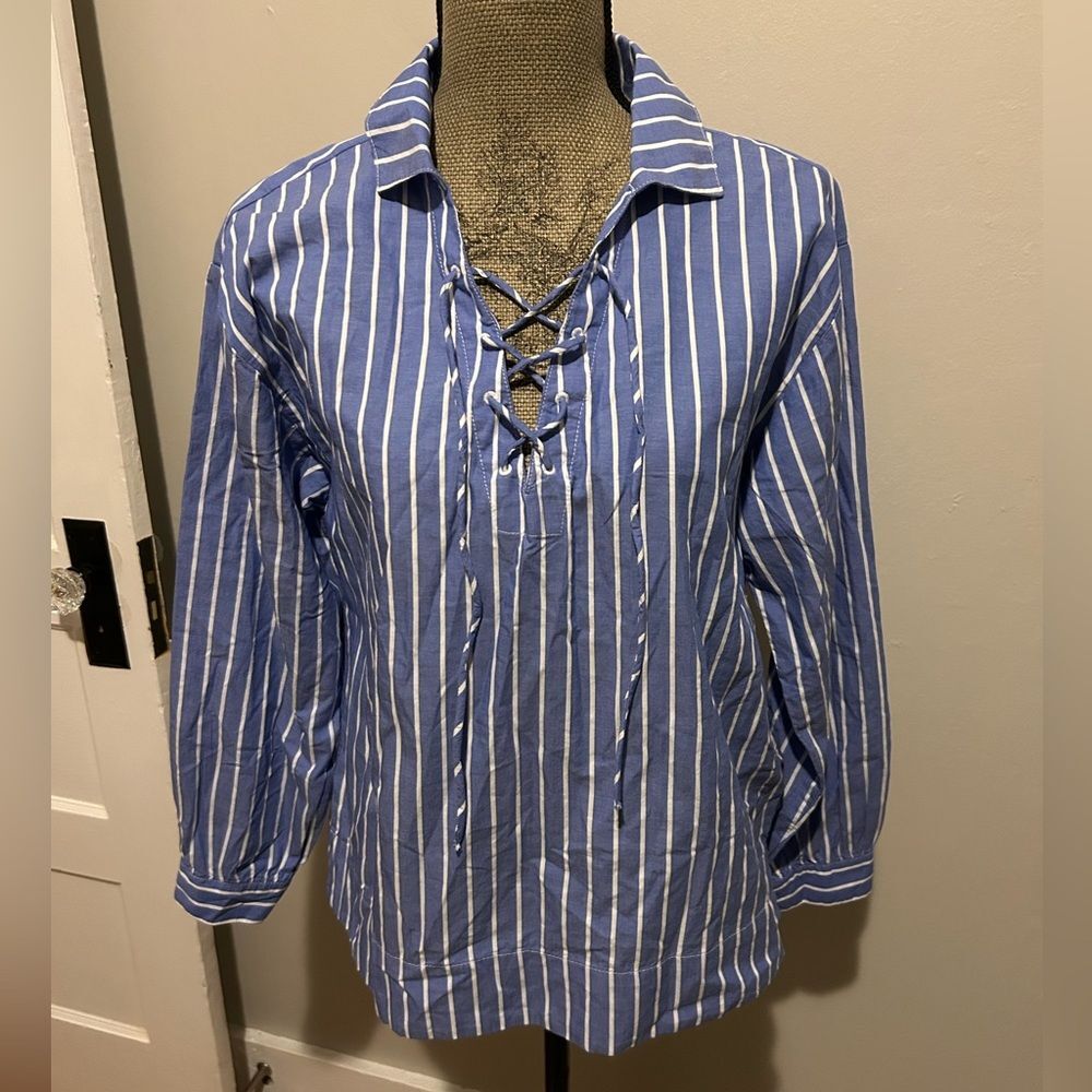 NWT Old Navy Cotton Blue and Whote Striped Lace Up Long Sleeve Blouse Top
